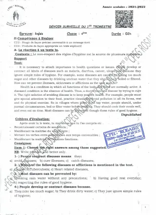 Première page de Anglais 4e, 4e ML — Devoir surveillé, 1er trimestre (2021-2022) · CPEG ROSAIRE