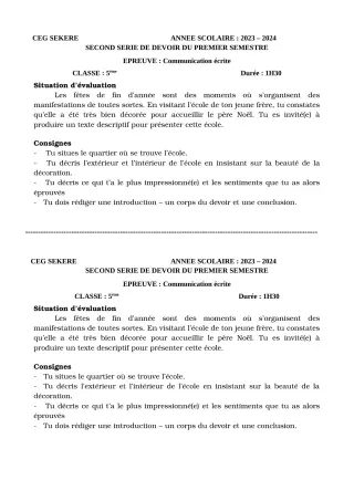 Première page de Français 5e — 2e devoir surveillé, 1er semestre (2023-2024) · CEG SEKERE