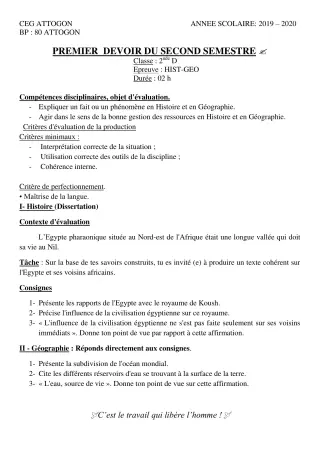 Première page de Histoire-Géographie 2nde D — 1er devoir surveillé, 2e semestre (2019-2020) · CEG Attogon