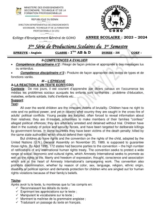 Première page de Anglais 1ère D — 1re production scolaire, 1er semestre (2023-2024) · CEG GOHO