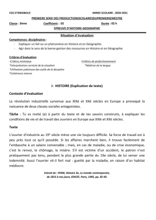 Première page de Devoir surveillé de HIST-GEO — 3e, 3e ML — CEG ONIGBOLO (2020)