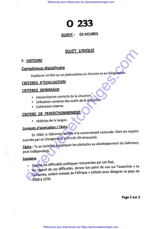 Première page de Épreuve d’Histoire-Géographie – BAC 2025 – Séries C et D – Bénin – Défis post-indépendance et atouts géoéconomiques
