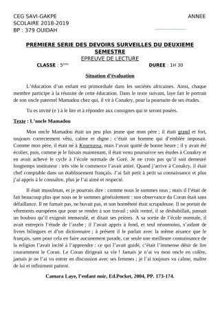 Première page de Français 5e — 1er devoir surveillé, 2e semestre (2018-2019) · CEG SAVI GAKPE