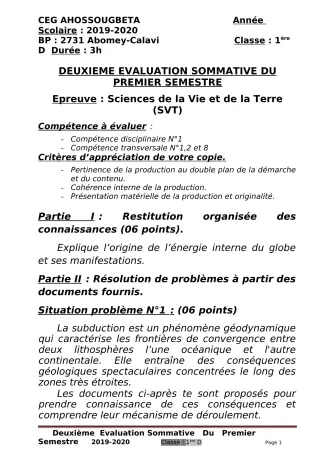Première page de SVT 1ère D — 2e évaluation sommative, 1er semestre (2019-2020) · CEG Ahossougbéta