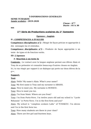 Première page de Anglais 6e, 5e, 4e, 3e — 1re production scolaire, 1er semestre (2018-2019) · CEG Sème tchakou