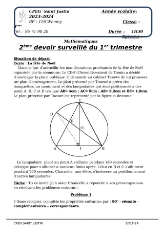 Première page de Mathématiques 5e — 2e devoir surveillé, 1er trimestre (2023-2024) · CPEG SAINT Justin