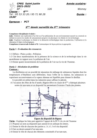 Première page de PCT 6e, 5e — 2e devoir surveillé, 3e trimestre (2021-2022) · CPEG SAINT Justin