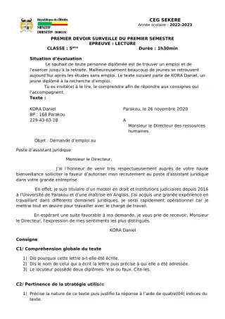 Première page de Français 5e — 1er devoir surveillé, 1er semestre (2022-2023) · CEG SEKERE