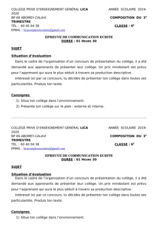 Première page de Français 6e — Composition, 1er trimestre (2019-2020) · CPEG LICA