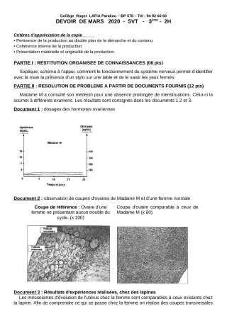 Première page de SVT 3e, 3e ML — Devoir surveillé (2019-2020) · CPEG Roger LAFIA