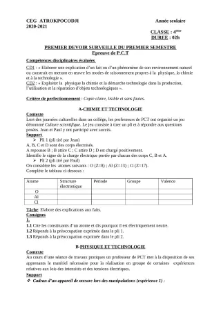 Première page de PCT 4e — 1er devoir surveillé, 1er semestre (2020-2021) · CEG ATROKPOCODJI