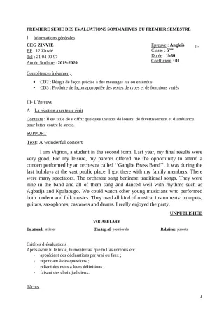 Première page de PCT 5e — 1re évaluation sommative, 1er semestre (2019-2020) · CEG Zinvié
