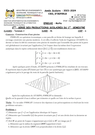Première page de Mathématiques Tle C — 2e production scolaire, 1er semestre (2023-2024) · CEG1 Ikpinlè