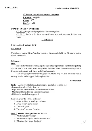 Première page de Anglais 6e — 1er devoir surveillé, 2e semestre (2019-2020) · CEG ZOGBO