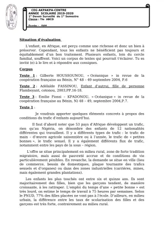 Première page de Français Tle A1, Tle A2, Tle B, Tle C, Tle D — 1er devoir surveillé, 1er semestre (2019-2020) · CEG 1 Akpakpa-Centre
