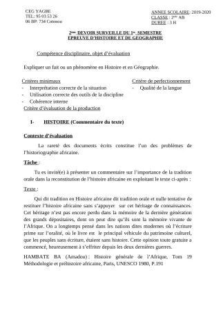 Première page de Histoire-Géographie 2nde A, 2nde A1, 2nde A2 — 2e devoir surveillé, 1er semestre (2019-2020) · CEG Yagbe