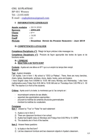 Première page de Anglais 6e — 2e devoir surveillé, 1er semestre (2019-2020) · CEG Le Plateau