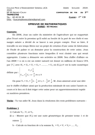 Première page de Mathématiques 1ère C, 1ère D — Composition, 1er trimestre (2019-2020) · CPEG LICA