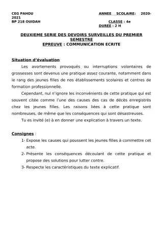 Première page de Français 4e — 2e devoir surveillé, 1er semestre (2020-2021) · CEG PAHOU