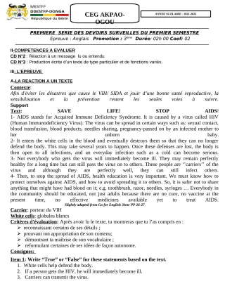 Première page de Anglais 3e — 1er devoir surveillé, 1er semestre (2021-2022) · CEG Akpao-Ogou