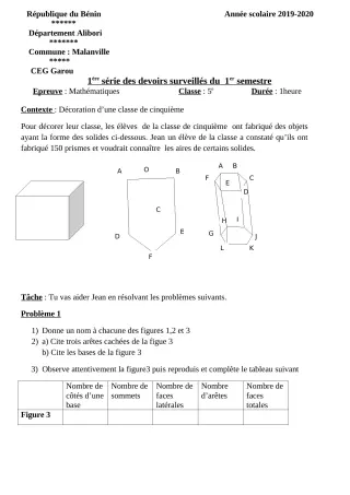 Première page de Mathématiques 5e — 1er devoir surveillé, 1er semestre (2019-2020) · CEG GAROU