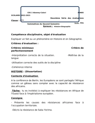 Première page de Histoire-Géographie 3e — 2e évaluation sommative, 2e semestre (2022-2023) · CEG2 ABOMEY - CALAVI (CEG ZOCA)