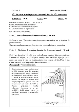 Première page de SVT 4e ML&MC — 1re production scolaire, 2e semestre (2018-2019) · CEG Agon