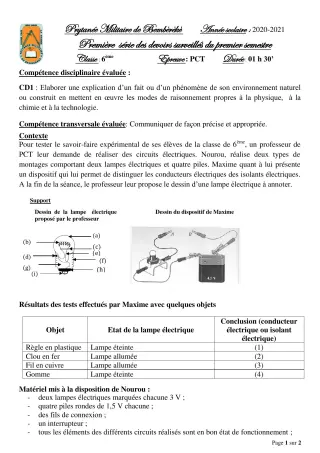 Première page de PCT 6e — 1er devoir surveillé, 1er semestre (2020-2021) · PMB
