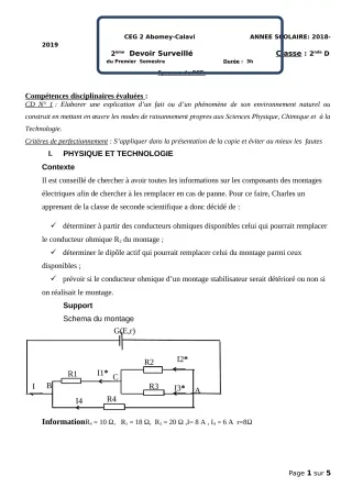 Première page de PCT 2nde D — 2e devoir surveillé, 1er semestre (2018-2019) · CEG2 ABOMEY - CALAVI (CEG ZOCA)