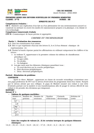 Première page de PCT 2nde D — 1er devoir surveillé, 1er semestre (2022-2023) · CEG SEKERE