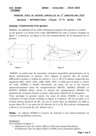 Première page de Mathématiques 1ère D — 1er devoir surveillé, 1er semestre (2019-2020) · CEG ZOGBO