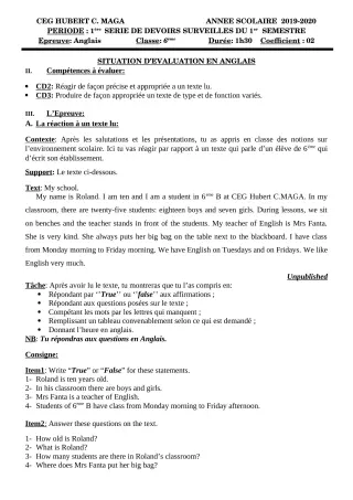 Première page de Anglais 6e — 1er devoir surveillé, 1er semestre (2019-2020) · CEG Hubert C. MAGA