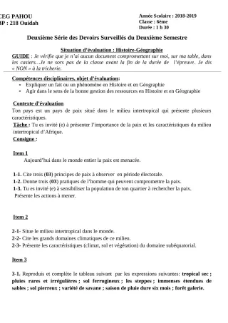 Première page de Histoire-Géographie 6e — 2e devoir surveillé, 2e semestre (2018-2019) · CEG PAHOU