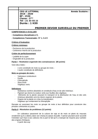 Première page de SVT 5e — 1er devoir surveillé (2019-2020) · CEG Le Littoral