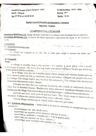 Première page de Anglais 5e — 1er devoir surveillé, 2e trimestre (2019-2020) · CPEG SEGUIN SENGHOR