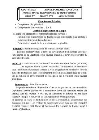 Première page de SVT 4e, 4e ML — 1er devoir surveillé, 1er semestre (2018-2019) · CEG 2 N'DALI