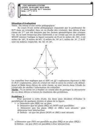 Première page de Mathématiques 2nde C, 2nde D — 1er devoir surveillé, 1er semestre (2019-2020) · CEG 1 Akpakpa-Centre