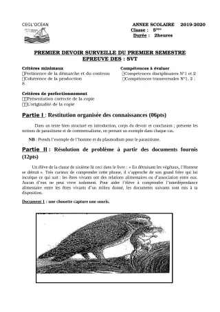 Première page de Histoire-Géographie 5e — 1er devoir surveillé, 1er semestre (2019-2020) · CEG l'Océan