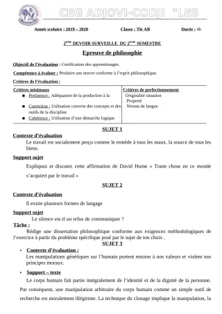 Première page de Philosophie Tle B — 2e devoir surveillé, 2e semestre (2019-2020) · CEG ADJOVICODJI 'LES OLIVIERS'