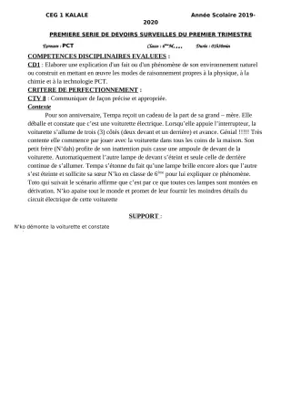 Première page de PCT 6e, 4e, 2nde D — 1er devoir surveillé, 1er trimestre (2019-2020) · CEG1 Kalalé