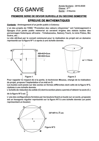 Première page de Mathématiques 6e — 1er devoir surveillé, 2e semestre (2019-2020) · CEG Ganvié