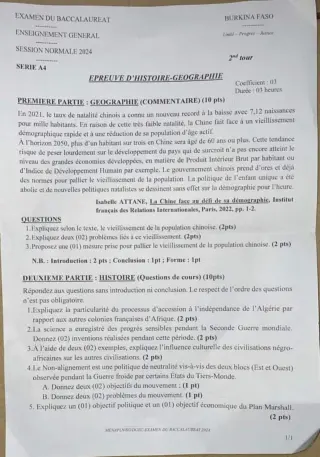 Première page de Épreuve BAC 2024 histoire géographie série a4 2nd tour burina fasso