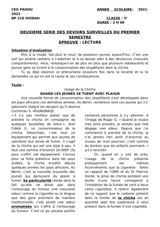 Première page de Français 3e — 2e devoir surveillé, 1er semestre (2021-2022) · CEG PAHOU