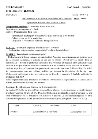 Première page de SVT 1ère A1, 1ère A2, 1ère B — Évaluation sommative, 1er semestre (2020-2021) · CEG LE NOKOUE