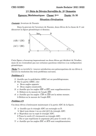 Première page de Mathématiques 5e — 1er devoir surveillé, 2e semestre (2021-2022) · CEG GOHO