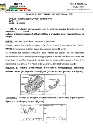 Première page de Examen Blanc de SVT — Tle C — CEG1 Adjarra (2020)