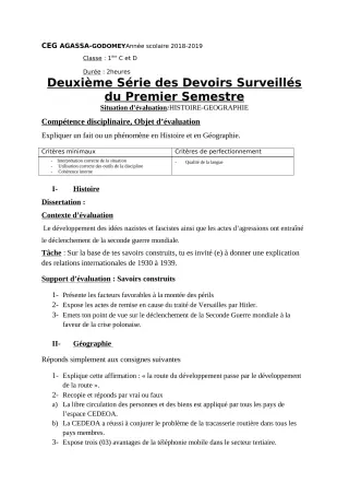 Première page de Histoire-Géographie 1ère C, 1ère D, Tle C, Tle D — 2e devoir surveillé, 1er semestre (2018-2019) · CEG Agassa Godomey