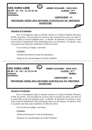 Première page de Français 6e, 5e, 4e, 3e, 3e ML, 2nde A2, 2nde B, 2nde C, 2nde D, 1ère A, 1ère B, 1ère C, 1ère D, Tle A1, Tle A2, Tle B, Tle C, Tle D — 1er devoir surveillé, 1er semestre (2020-2021) · CEG SURU-LERE