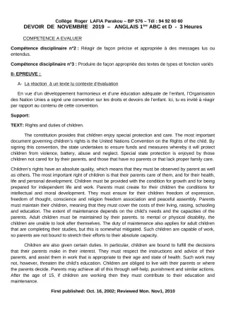 Première page de Anglais 1ère A1, 1ère A2, 1ère B, 1ère C, 1ère D — Devoir surveillé (2019-2020) · CPEG Roger LAFIA