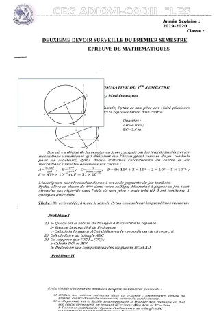 Première page de Mathématiques 4e — 2e devoir surveillé, 1er semestre (2019-2020) · CEG ADJOVICODJI 'LES OLIVIERS'